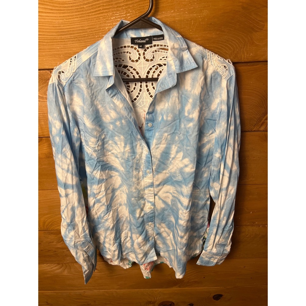 Tolani Women's Blue Tie Dye Floral Print Button Down Shirt Medium Boho Embroider